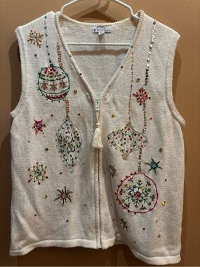 Kim Rogers ivory holiday sweater zip vest festive beaded sequined Christmas larg